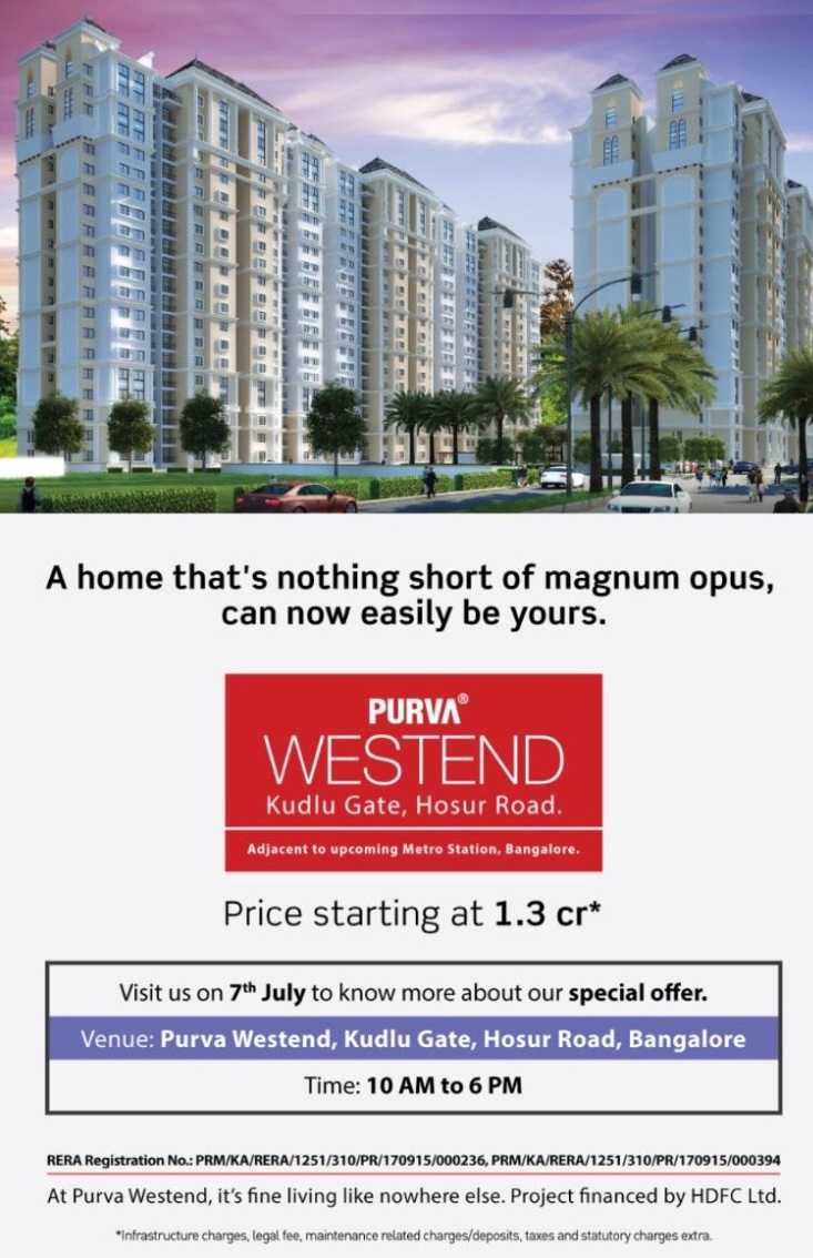 Pay 20% now and rest on possession at Purva Westend in Bangalore Update